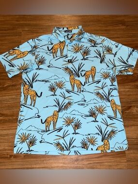 Bad Birdie Polo Shirt Mens Med Blue Floral Cheetah Leopard Performance Golf EUC